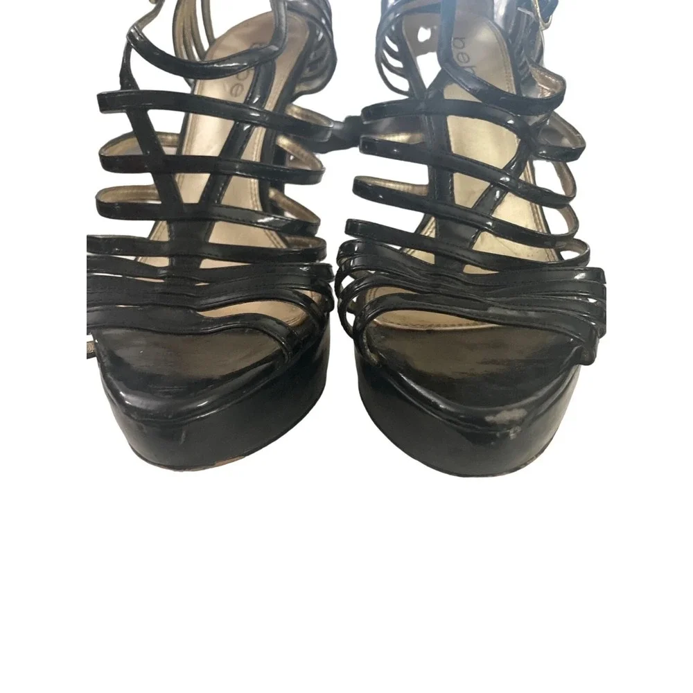 Bebe Strappy Cage Platform Sandals Womens 8M Black Good Patent Gold Accent Heels